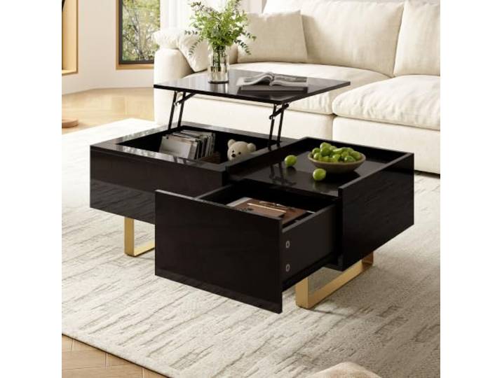 Merax Höhenverstellbarer Couchtisch 100x50x54,5cm, MDF Hochglanz, mit Schublade & U-förmigen Eisenfüßen – Schwarz-Gold