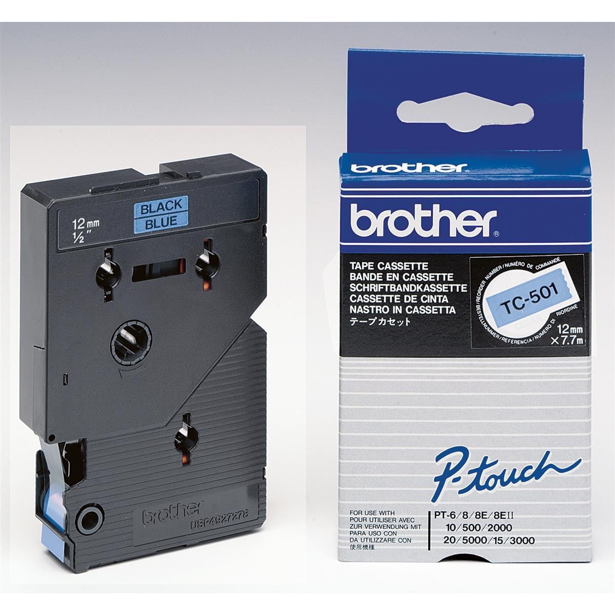 Brother TC-Tape TC-501 inktlintcassette met 12 mm bandbreedte in zwart of blauw