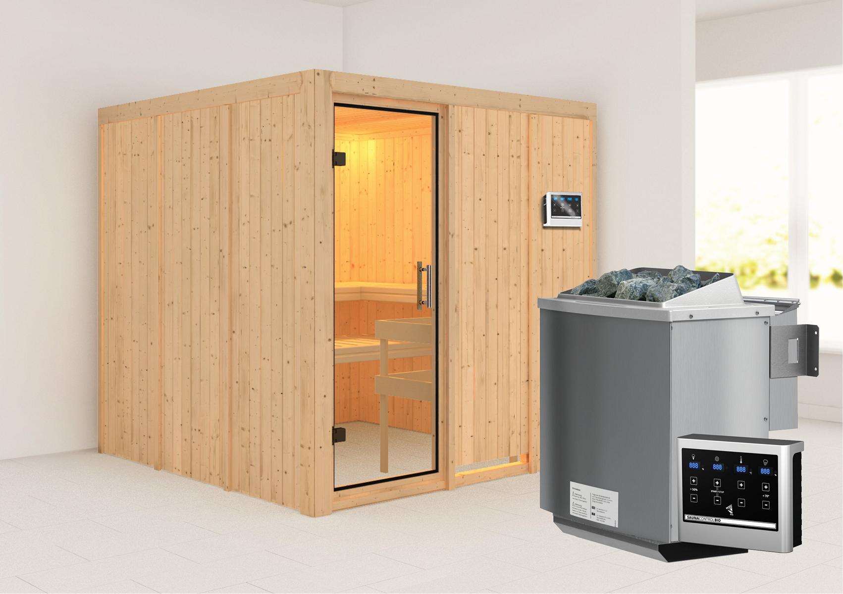 KARIBUHOLZT Sauna Rodin Front, 9kW Bio ext. Strg klarglas GGT 16880602