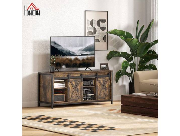Meuble TV industriel lowboard 120 cm marron avec 2 portes coulissantes 6 compartiments aspect bois ORVRYN