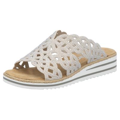 Pantolette RIEKER, Damen, Gr. 40, Synthetik, beige (hellbeige), Lederimitat, Schuhe Pantolette, Sommerschuh, Strandschuh, Hausschuh, Keilabsatz, mit Strass-Steinchen