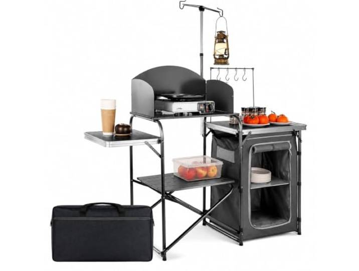 Zusammenklappbare Campingküche mit großer Arbeitsfläche, Küchenschrank mit Zwei Fächern, Aluminium, Eisen- und MDF-Struktur, Tragetasche für Camping, Reisen und Garten