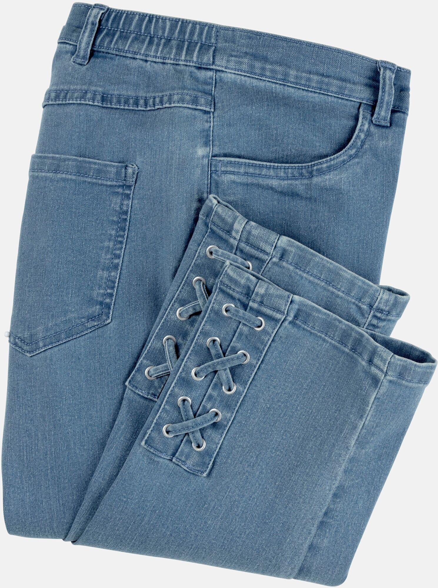 Sieh An! Caprijeans SIEH AN "3/4-Jeans 3/4-Jeans mit Zier-Schnürungen", Damen, Gr. 38, N-Gr, blau, bleached, Denim/Jeans, , Sportlich, Jeans Caprijeans