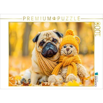 CALVENDO Puzzle Mops und Plüschtierkumpel im Herbst. | 1000 Teile Lege-Größe 64x48cm Foto-Puzzle für glückliche Stunden