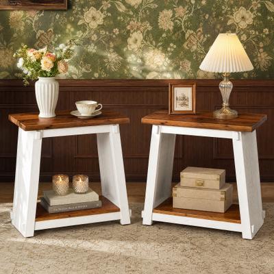 OEM Solid Wood End Table Set of 2, Small Side Table with Oepn Storage Shelf, Narrow Bedside Table for Bedroom Living Room