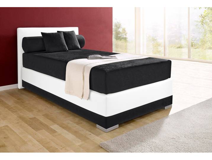 Boxspringbett, Schwarz-Weiß, 127x210 cm, Microvelours & Kunstleder, H2, Modern, Maintal