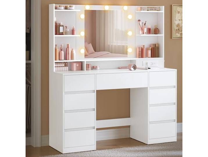 VASAGLE Schminktisch mit Beleuchtung und Spiegel, 9 Schubladen Steckdosenleiste, 3 Lichtfarben, werkzeuglose Gleitschienen, KAILYN Kollektion RDT141WB02