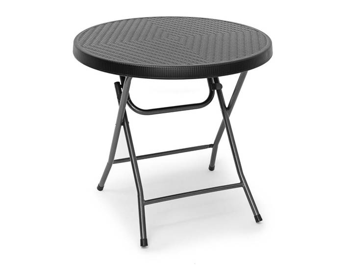 Relaxdays Gartentisch Schwarz klappbar rund Kunststoff Rattan-Optik 80 cm, Kunststoff, Metall, 80x74x80 cm, Gartenmöbel, Gartentisch, Gartentische