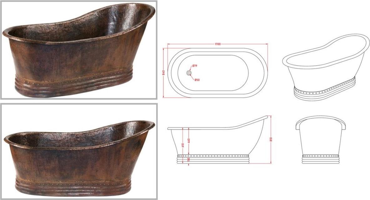 Casa Padrino Luxus Jugendstil Kupfer Badewanne 170 x 84 x H. 81 cm - Freistehende Retro Badewanne - Rustikale Badezimmer Möbel