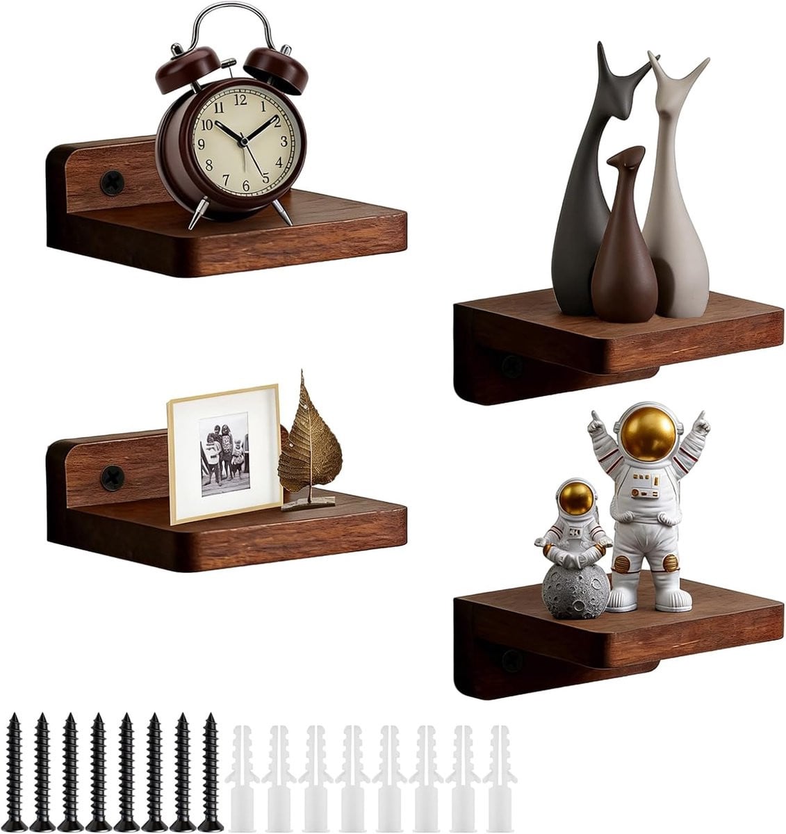 Set van 4 kleine zwevende wandplanken van hout voor de slaapkamer, badkamer, woonkamer of keuken