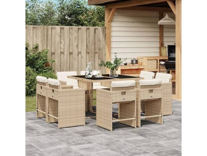 HEFZGDB 9-TLG. Garten-Essgruppe mit Kissen Beige Poly Rattan, Klappstühle mit waschbaren Bezügen und Hartglas-Tischplatte für Terrasse, Langlebige Outdoor-Möbel für platzsparende