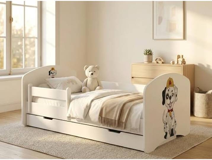 Happy Babies Kinderbett - mit Rausfallschutz Junge 140x70 Bett für Kinderzimmer mit Schublade & Matratze Einzelbett für Kinder Weiß - Hunde Police (Helle Birne, 160x80)