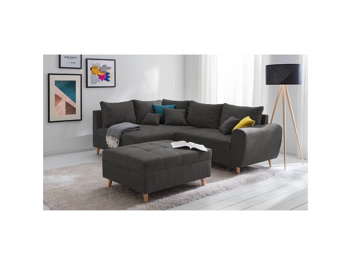 Ecksofa Capstone Schwarz Microfaser Sole 249 x 94 x 175cm Ottomane davorstehend links mit Hocker Skandi