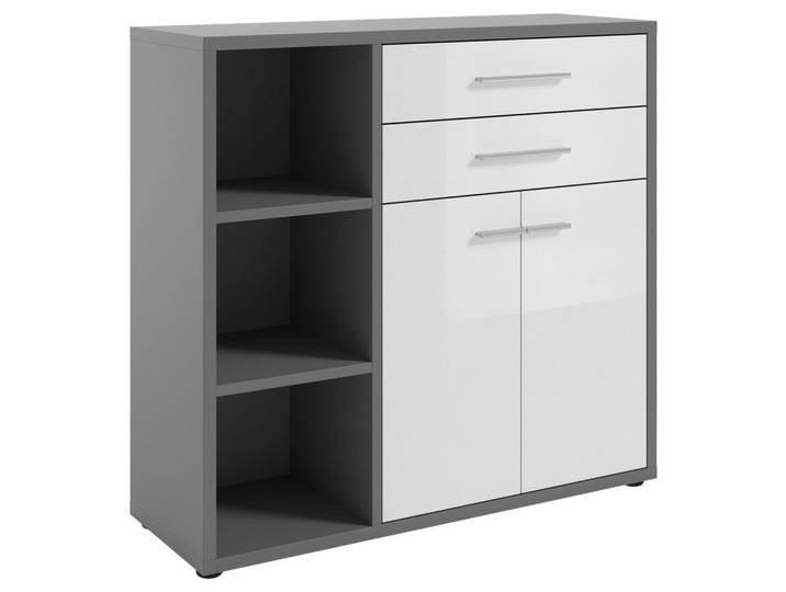 Novel Kommode Texas, Dunkelgrau, Weiß Hochglanz, Kunststoff, 3 Fächer, 2 Schublade(n) Schubladen, 116.5x110x40 cm, stehend, Wohnzimmer, Kommoden & Sideboards, Kommoden