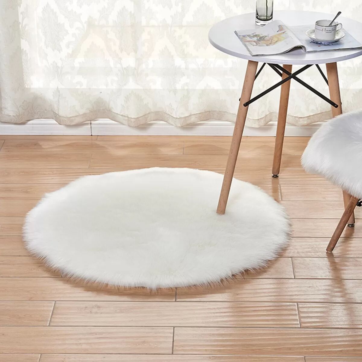 INF Runder Kunstschaffell-Teppich - Weiche weiße Kunstwolle Hochflor 5-6cm, Flauschiger Shaggy-Teppich für Sofa, Bett und Stuhl Groß