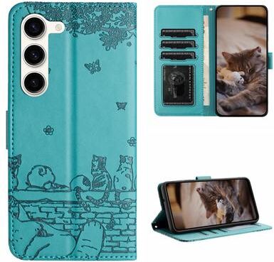 Inspired Deals Cute Cat Embossed Wallet Phone Case For Samsung Galaxy With Card Holder And Lanyard For Samsung Galaxy S23 blue