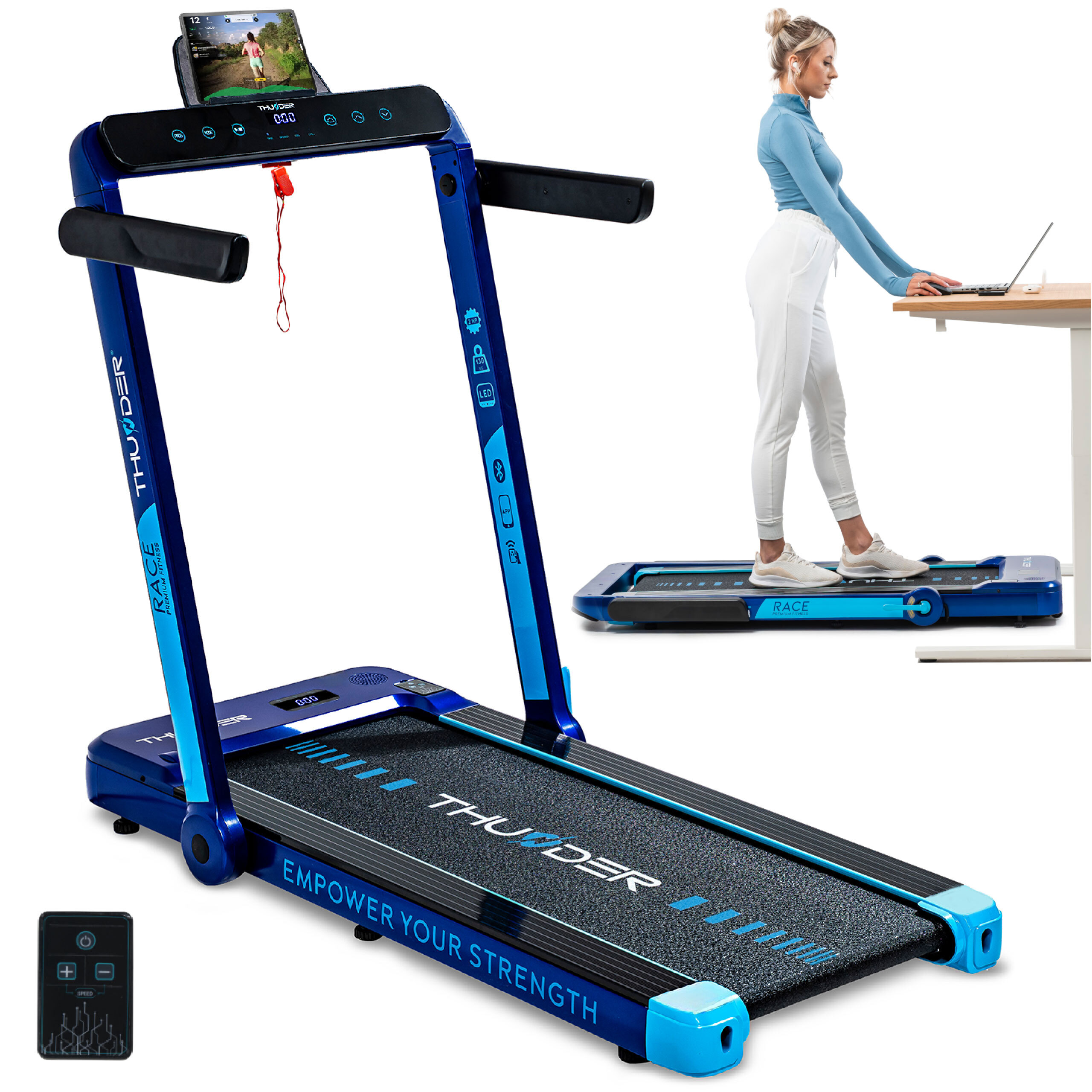 THUNDER RACE-BLUE Laufband 14 km/h klappbar Walking Pad 2 PS bis 130 kg LED Bluetooth App Heimtrainer