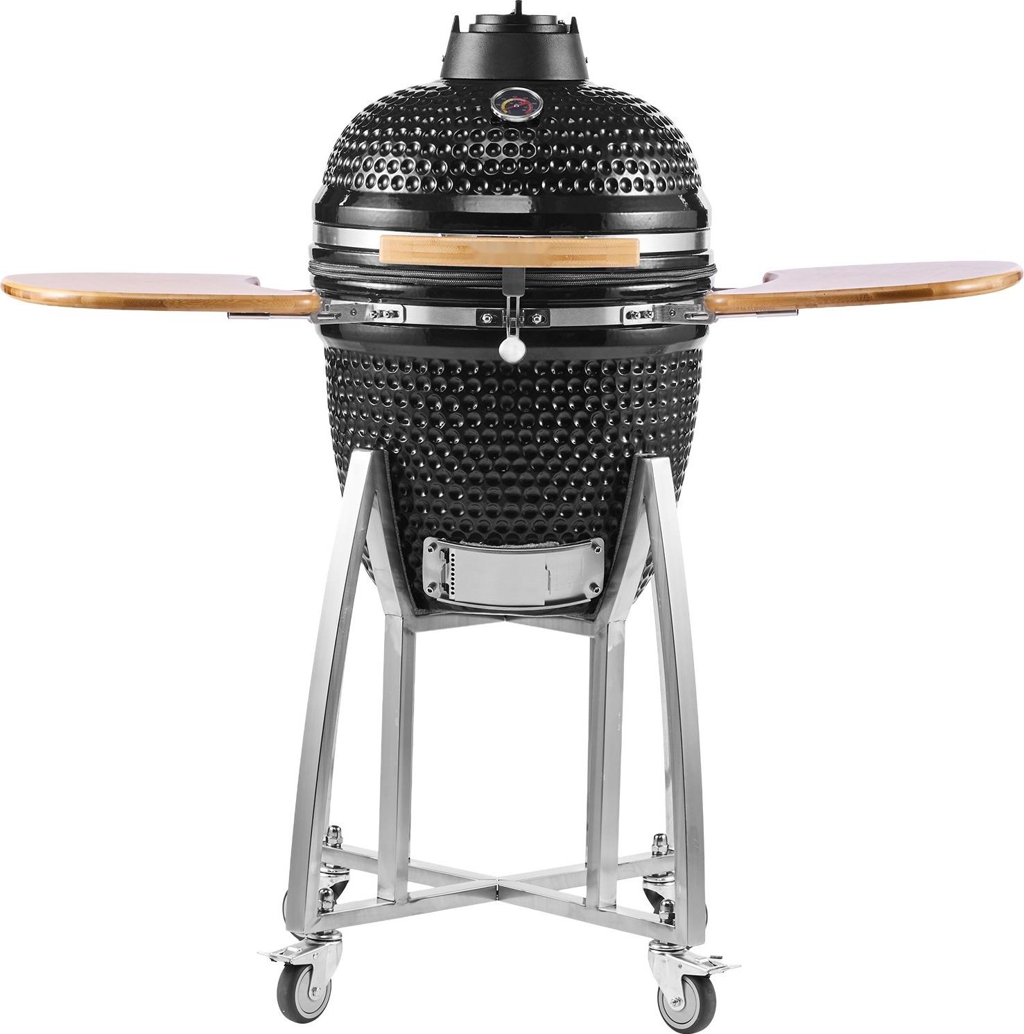 Kamado Grill - Keramik-Smoker Ø 45 cm - Thermometer bis 400 °C - Ober-/Unterluft regelbar - Metallgestell mit Rollen - Holzgriffe & Seitenablagen - Für BBQ, Grillen & Backen