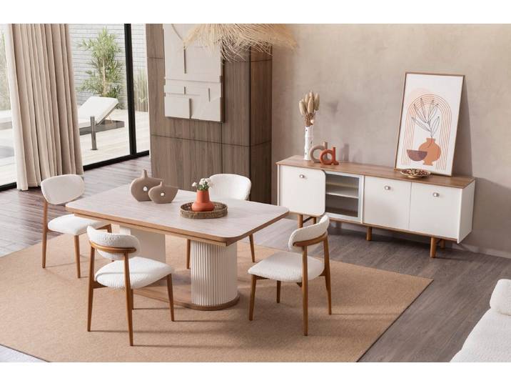 JVmoebel Esszimmer-Set Beiges Holz-Esszimmer für gemütliche Familienabende, (8-St., MaßeEsstisch, Maße 6x Stühle, MaßeKonsole), Made in Europe