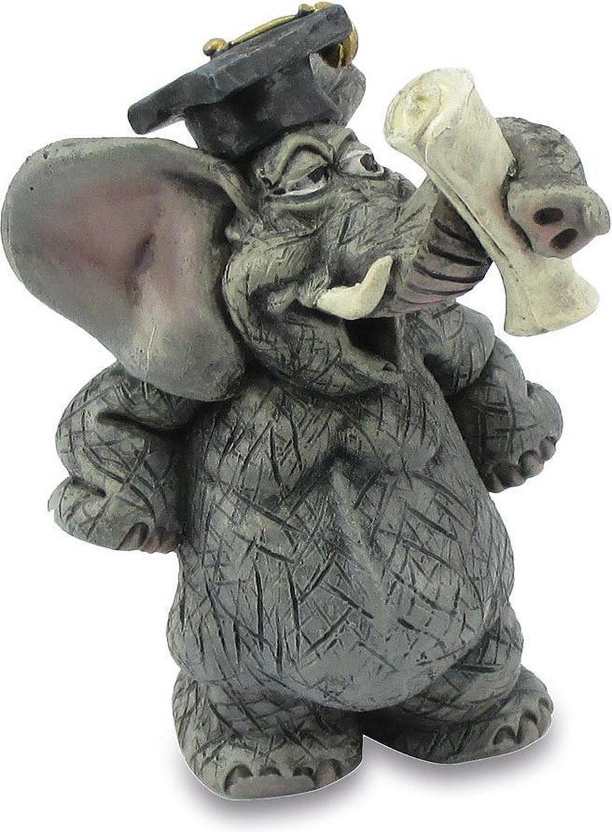 Grappig polyresin beeldje van een afstudeerende olifant, Hoogte: 8 cm