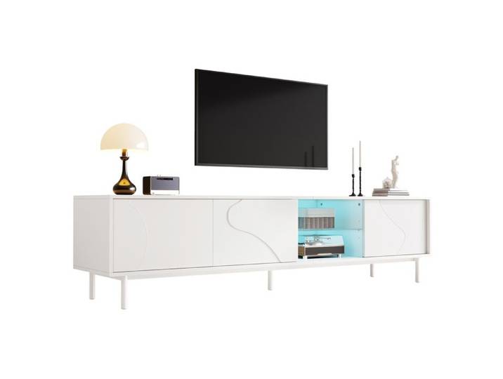 Placard TV blanc avec trois portes coulissantes MDF blanc Fond en verre Éclairage LED commandé par application