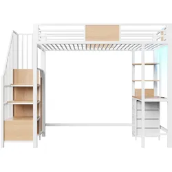 STILVORA Hochbett Metall Weiß 90x200 cm mit Schreibtisch, Ablagen, Kleiderstange und LED