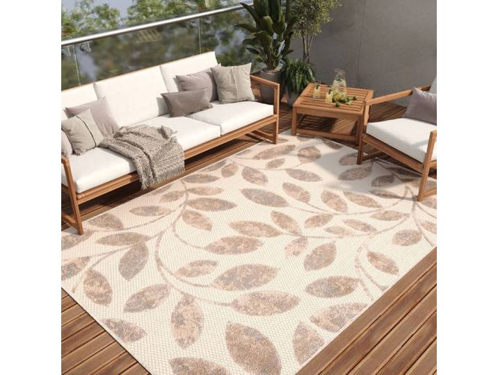 TAPISO Tapis Salon Tissé à Plat PATIO Beige Marron Gris Feuilles Polypropylène Extérieur 120x170