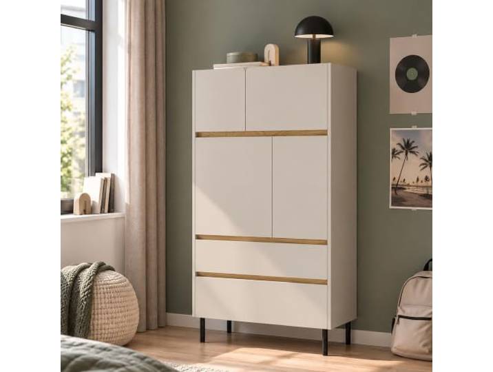 Lomadox Jugendzimmer Highboard 80 cm breit in Beige mit Eiche, Metallfüße, 4 Türen & 2 Schubladen