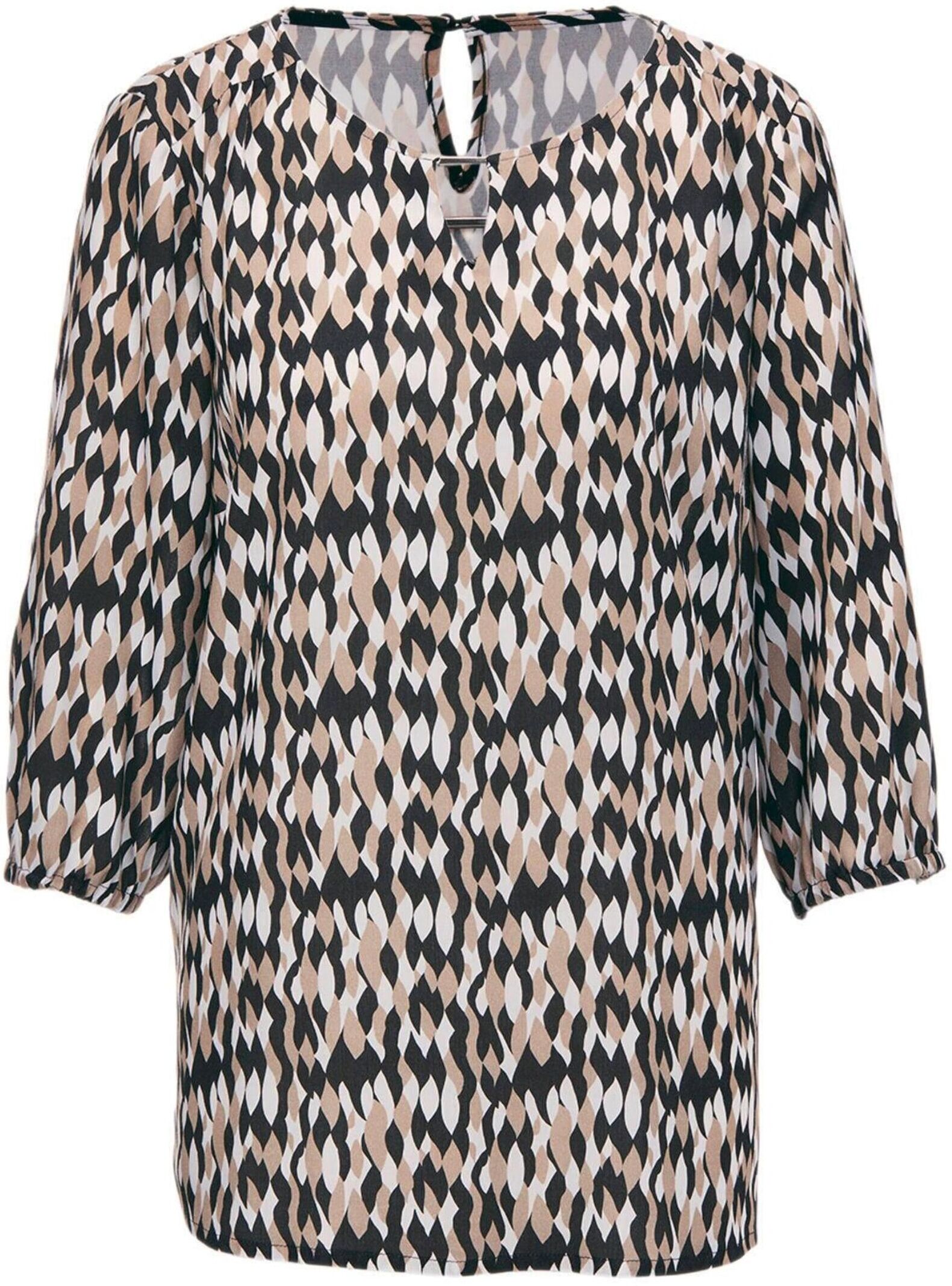 Schlupfbluse GOLDNER "Kurzgröße Druckbluse mit raffinierter Ausschnittlösung", Damen, Gr. 21, schwarz (schwarz, weiß, beige, gemustert), Obermaterial: 100% Viskose CV., figurumspielend, weit Gummibündchen, Blusen Schlupfbluse, Fältchen an Ausschnitt
