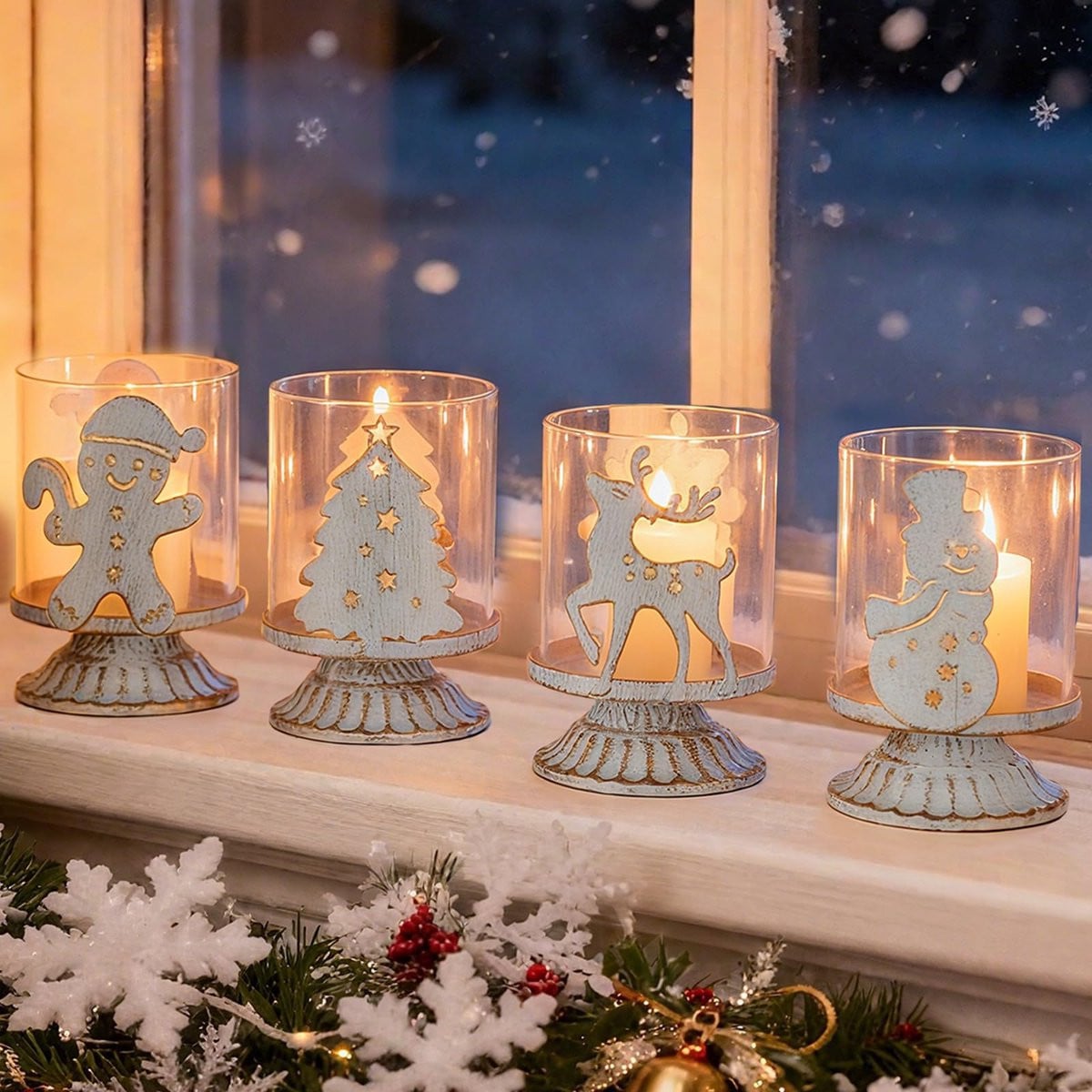 Unyqoos Set van vier decoratieve kersttealichthouders met vintage uitstraling