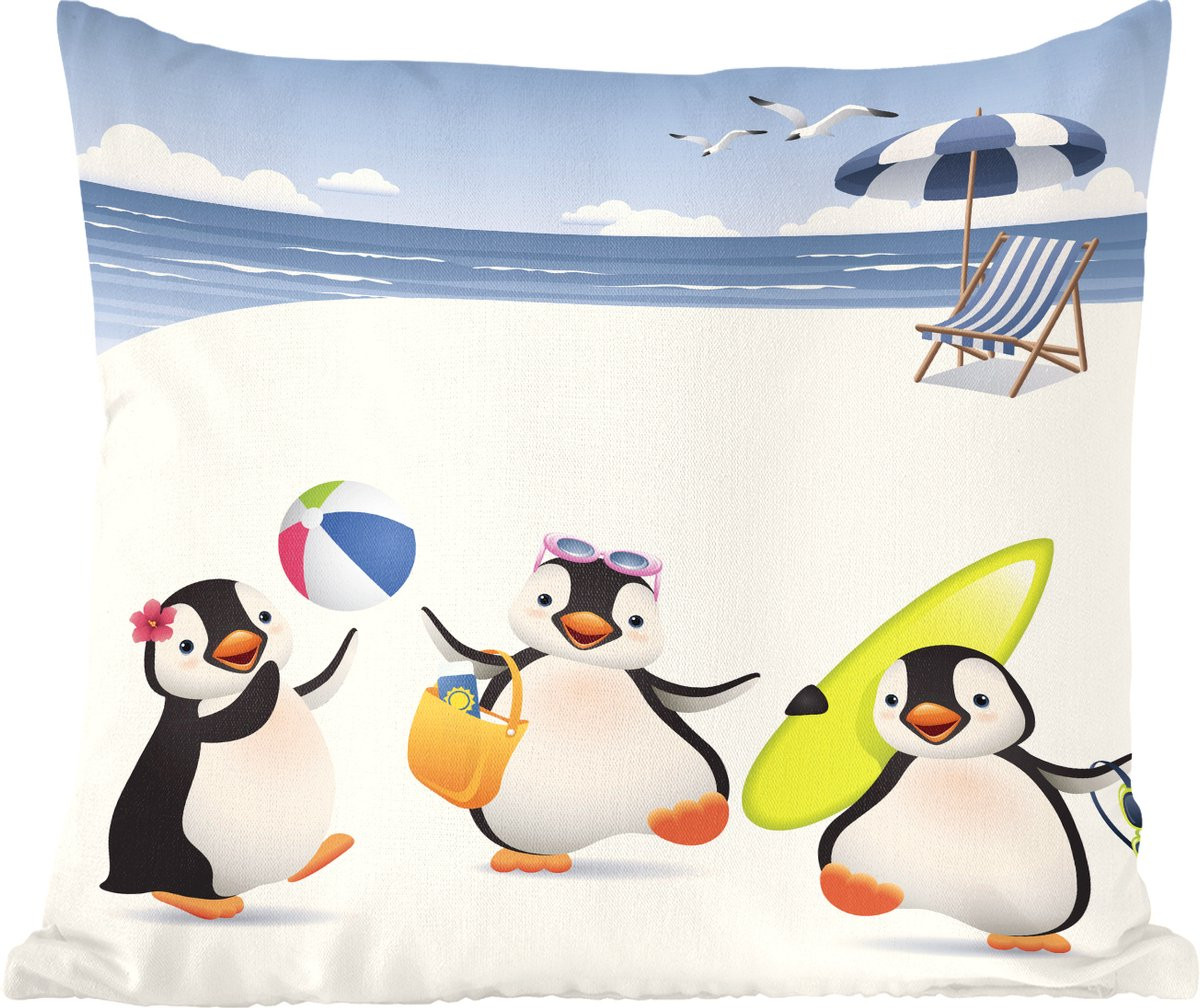 Katoenen sierkussen met illustratie van drie pinguïns op het strand, 40 x 40 cm