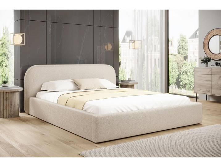 Compleo Polsterbett Bequemes Bett, Designerbett, Minimalistisches Design, Bouclé Stoff, Elegantes Schlafzimmer