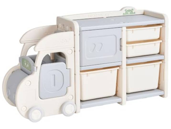 Beliani Spielzeugaufbewahrung mit Boxen Kunststoff beige Automotiv Aufbewahrung fürs Kinderzimmer Bulli