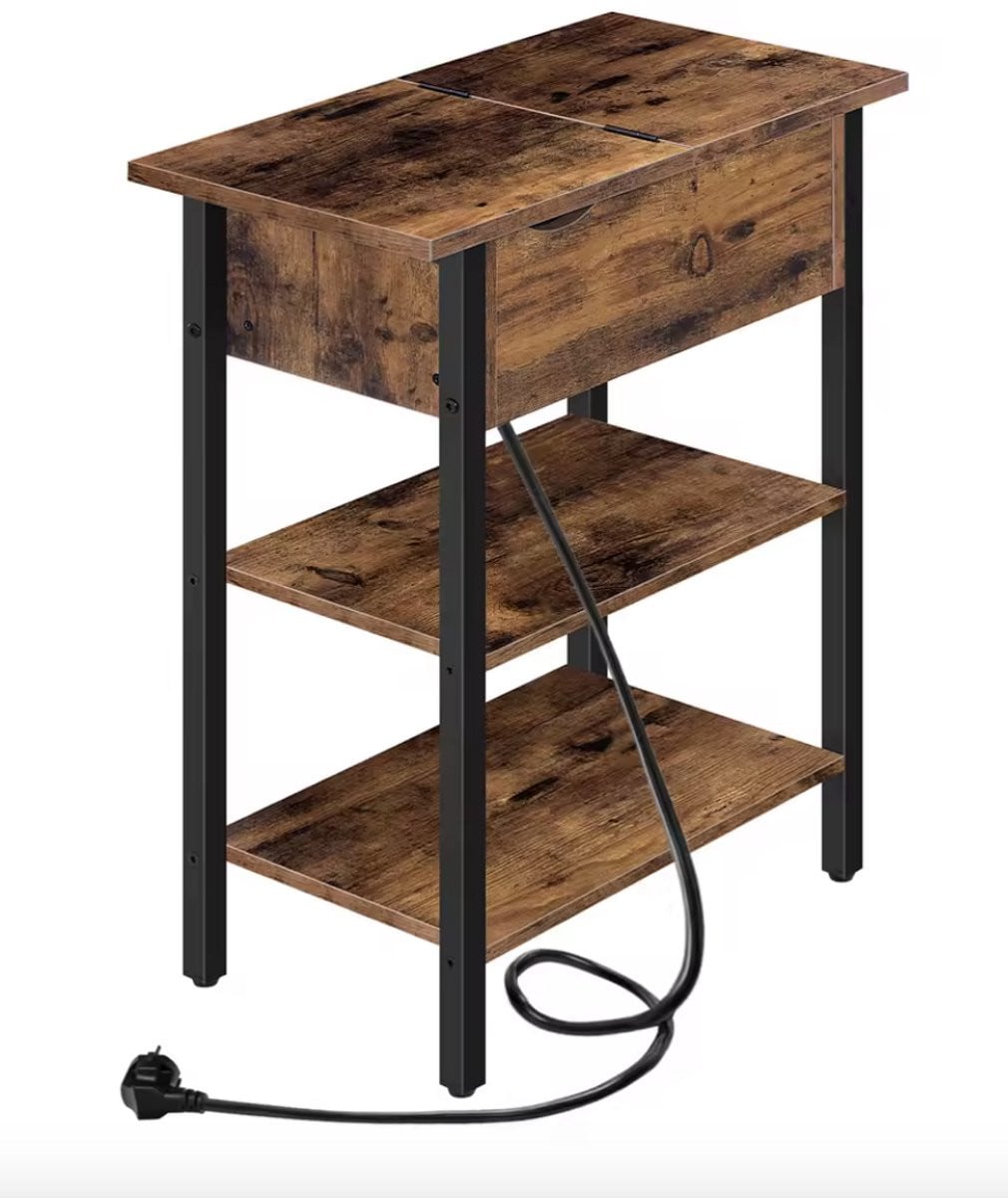 J&R Nachtkastje en Bijzettafel met Opbergvak, Klep en Dubbel Stopcontact en USB-A, Bruin/Zwart