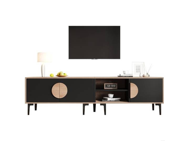 ELVORIN Meuble TV bas 180 x 35 x 49 cm 3 portes 2 niches ouvertes bois et noir pour TV jusqu'à 80 pouces