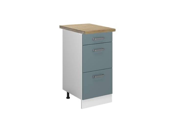 Vicco Küchenunterschrank R-Line, Blau-Grau, 40 cm 3 Schubladen · Arbeitsplatte Eiche · Höhenverst. Füße · Metallgriffe · Frei kombinierbar