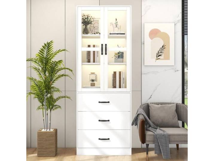 Vitrine Salon 200cm avec éclairage LED Vitrine en Verre avec 3 Tiroirs et 2 Portes Bibliothèque Vitrine pour Collection Blanc