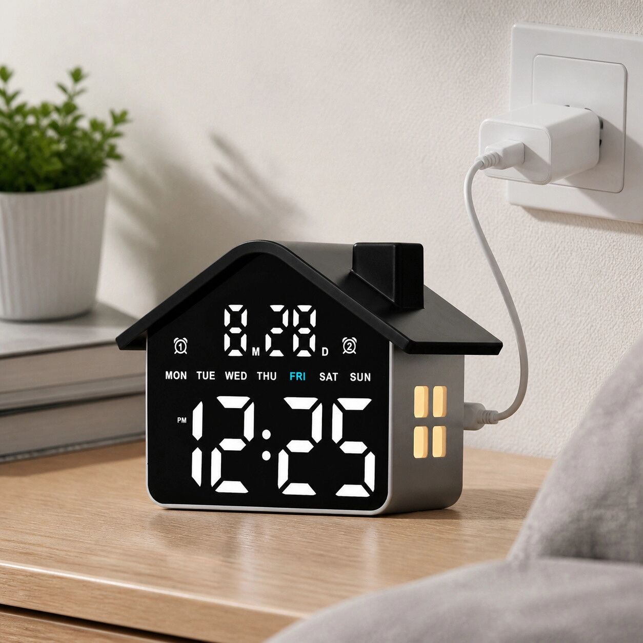 INF Réveil LED multifonctionnel noir en forme de maison avec veilleuse blanche