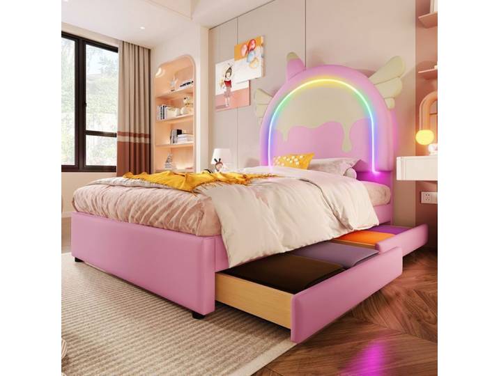 Lit rembourré 90x200cm avec LED RGB et 2 tiroirs lit d'enfant avec tête de lit en forme de licorne lit sample avec sommier à