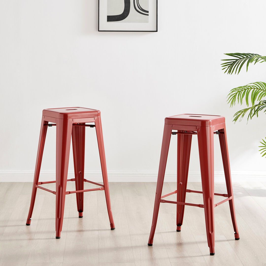 Borough Wharf Honora Classic Industrial Metal Breakfast Bar Stool - Style Bold Colour Stackable Red 76cm H X 43cm W X 43cm D