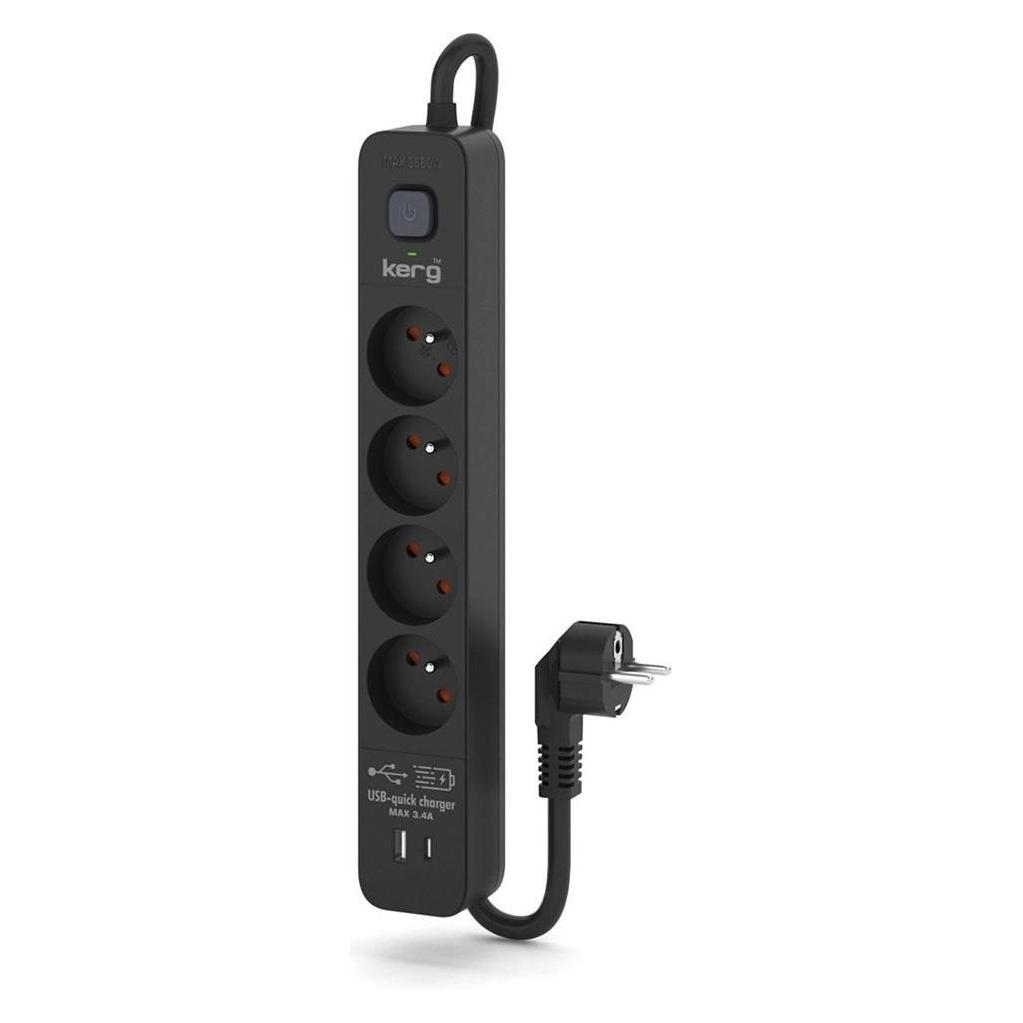 Kerg Sicherheitsnetzteil mit Schalter 4 USB-C USB-A Buchsen schwarz 3m 16A H05VV-F 3x1 5mm2 (4x, USB-A, USB-C, 3 m) (M02523)