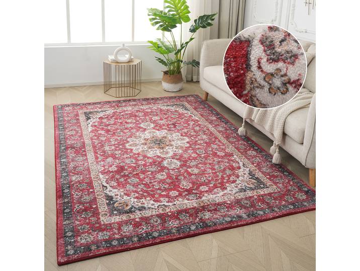 Teppich GOODPRODUCT Omar, Druckteppich, orientalisches Design, mehrfarbig, bedruckt , rot, B:60cm H:13mm L:90cm, Kunstfaser, Teppiche, Teppich, Orient-Optik, Vintage Design, weich, Wohnzimmer, Schlafzimmer
