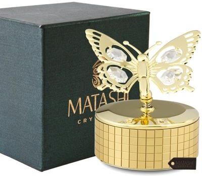Matashi Home Decorative Tabletop Showpiece 24K Gold Plated Music Box with Crystal Studded Butterfly Figurine