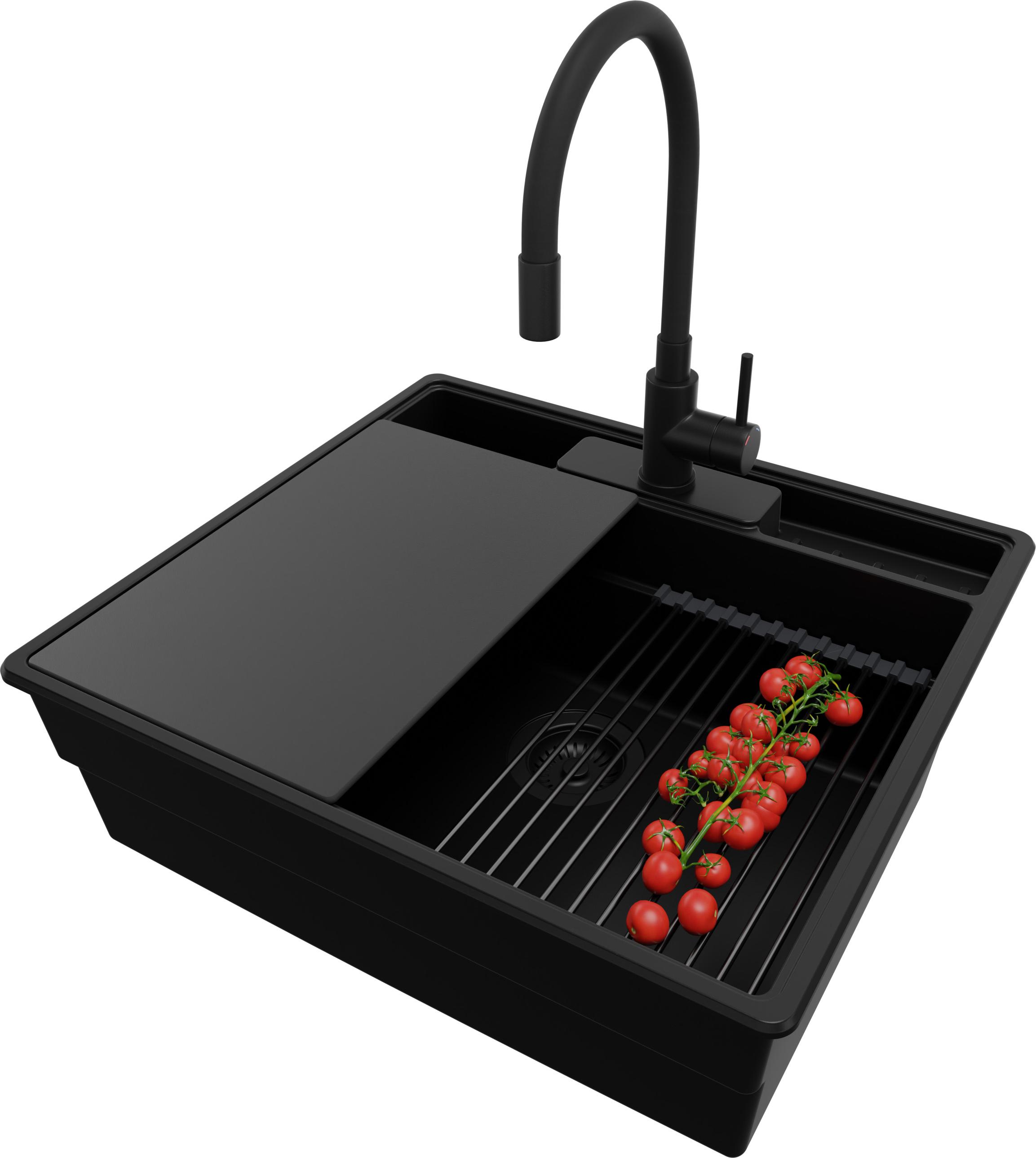 PRIMAGRAN Granitspüle Alles Schwarz 58x53cm, Spülbecken 1 Becken + Ablauf-Set + Küchenzubehörset, Küchenspüle ab 60er Unterschrank - New York