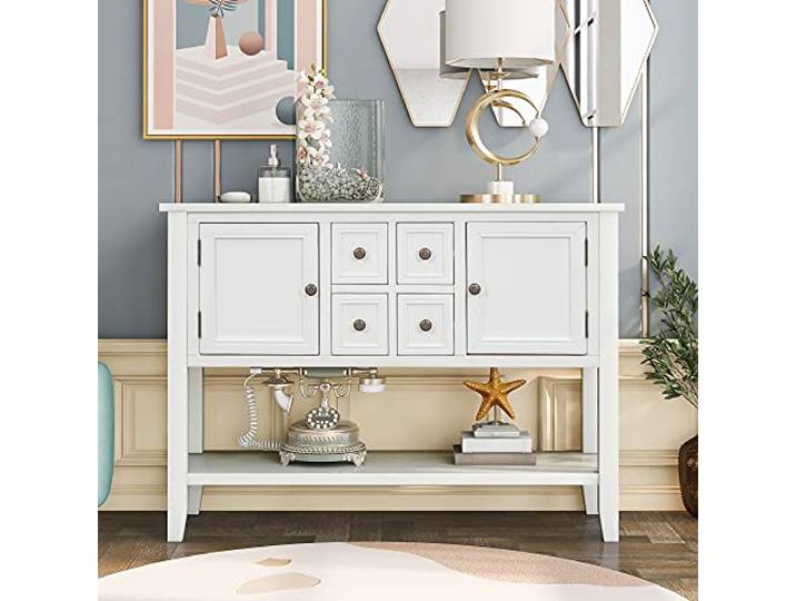 twwhyg Holz-Buffet-Sideboard-Tisch, Konsolen-Aufbewahrungsschrank mit Schubladen(White,115 X 38 X 85cm)