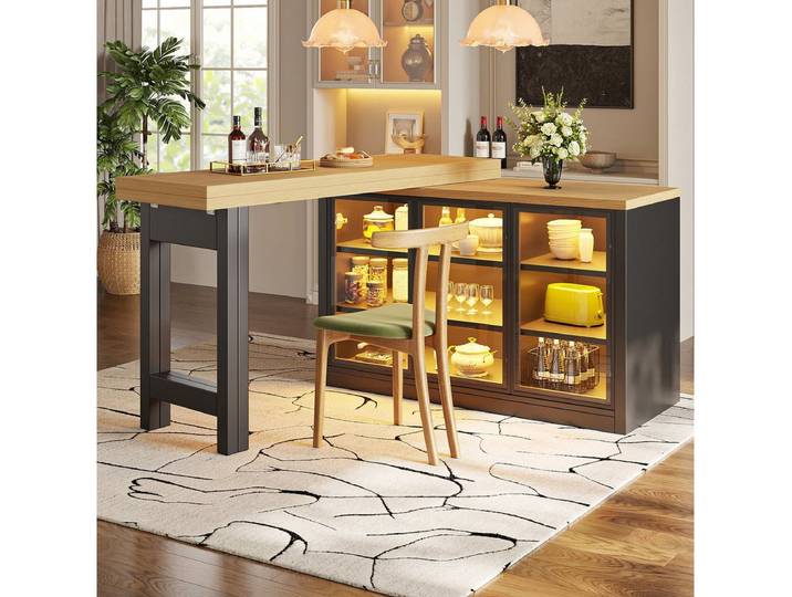Odikalo Kücheninsel mit Ausziehbarer Kücheninsel-Esstisch, smartes Farblichtsystem, (Multifunktionaler Esstisch Seiten-Schrank Kombination, 360° drehbare, Kücheninsel Esszimmermöbel im modernen Design), Tragendes Gewicht: 60kg