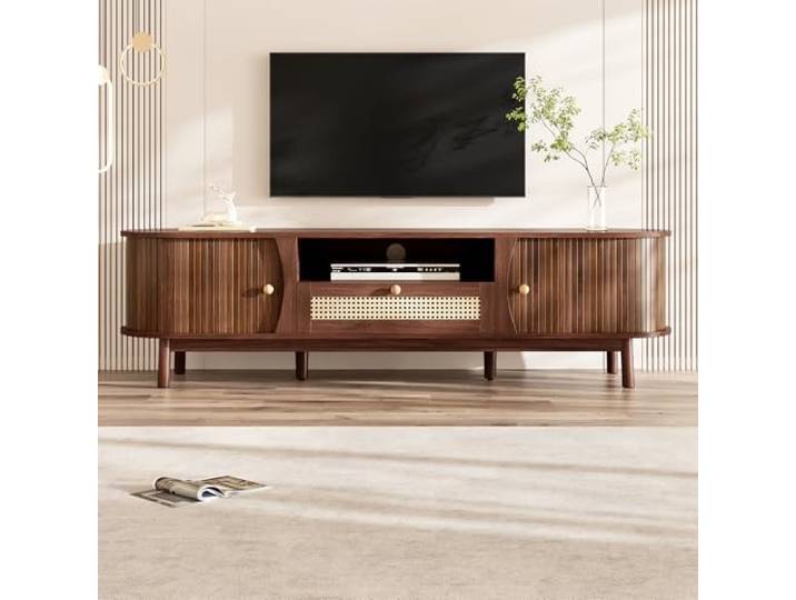 Merax TV-Schrank Rattan 165x37x46 cm, Landhausstil, Massivholztüren & handgeflochtene Schubladen, offener & geschlossener Stauraum, Robustes Wohnzimmermöbel, dunkle Holzfarbe