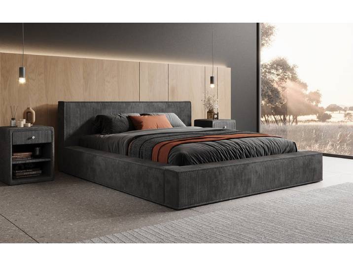 Designer Polsterbett Harmon in Cord mit Stauraum - 200x200 - Grau - Luxusbetten24