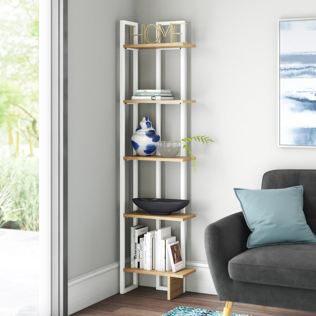 Hashtag Home Alica 180cm H x 45.2cm W Corner Bookcase White/Oak 180.34cm H X 45.72cm W X 21.59cm D