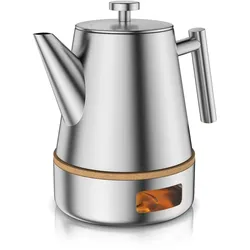 Arendo Teekanne, Edelstahl Isolierkanne mit Stövchen & Siebeinsatz, 1000ml, Metallgriff